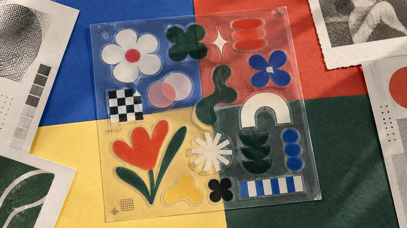 Overhead editorial still life of a transparent sticker sheet with colorful floral, geometric, checkerboard, stripe, and abstract decals arranged on blue, red, yellow, and dark green paper alongside halftone print samples.