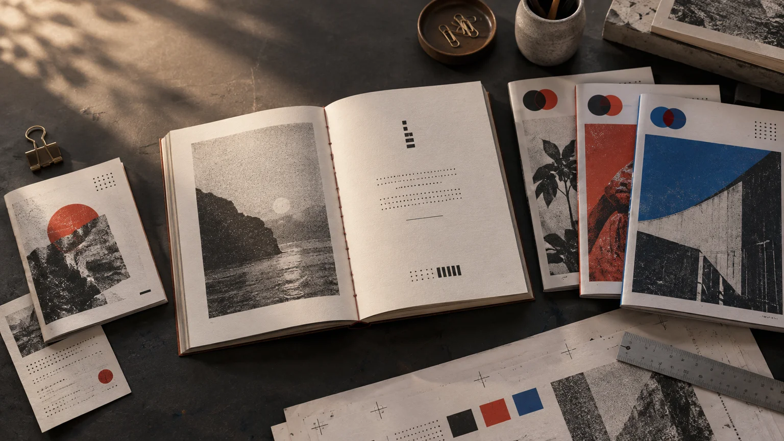 Overhead view of an open art book and several abstract print publications on a dark studio table, with halftone images, red and blue geometric accents, loose paper, a ruler, binder clip, paper clips, and a coffee cup.