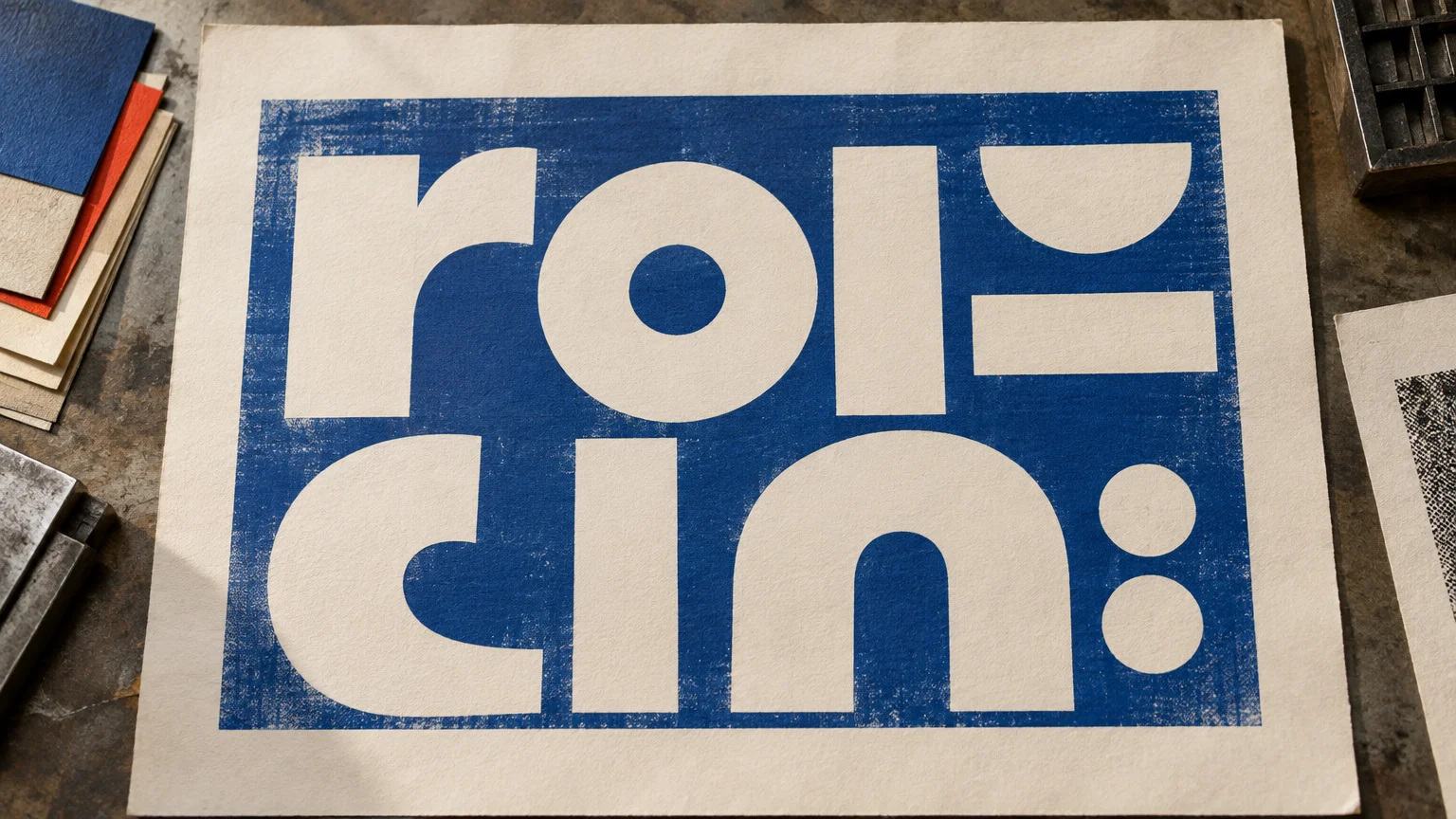 Overhead view of a textured cream print sheet with oversized off-white geometric letters reversed out of a distressed deep-blue rectangular ink field, surrounded by stacked colored paper and printing materials on a worktable.