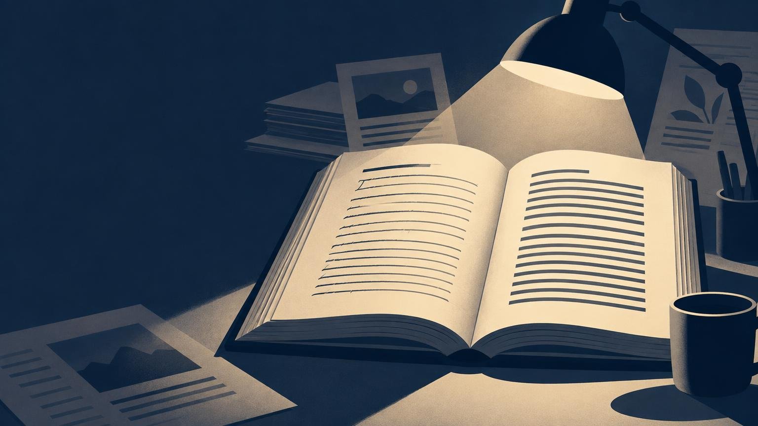 Duotone editorial illustration of an open book under a desk lamp, with contrasting text-like line styles on each page, surrounded by papers and a coffee mug.