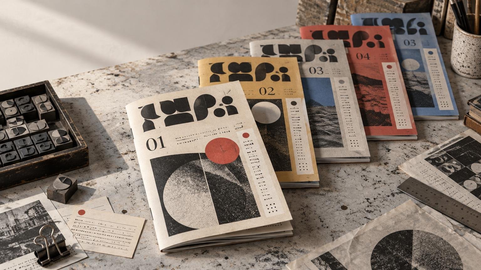 A sunlit print-studio table holds five numbered, abstract-design periodical issues, surrounded by metal type blocks, paper samples, a ruler, and archival printing tools.