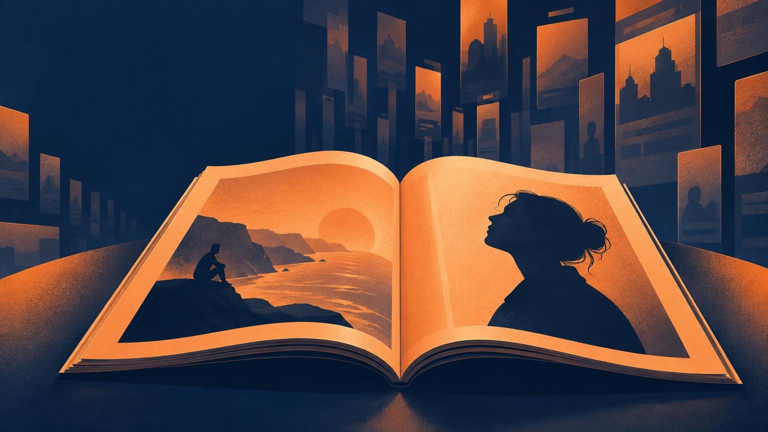 Duotone orange and navy illustration of an open magazine, with a coastal landscape and seated figure on one page and a woman’s profile on the other, surrounded by upright magazine-like panels.