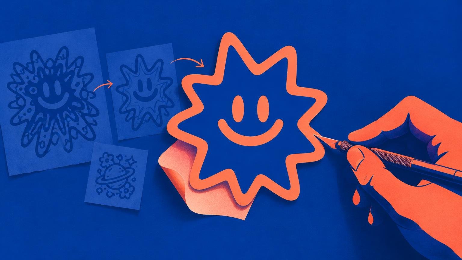Duotone blue and orange editorial illustration of hands drawing a smiling sun-shaped sticker, with smaller sketch sheets and arrows showing concept development in the background.