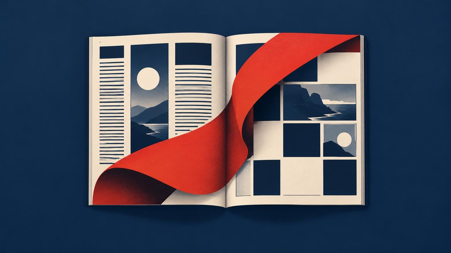 Open cream-colored book on a dark navy background, with a column-style page on the left and a modular grid of image blocks on the right, crossed by a sweeping red ribbon-like shape.
