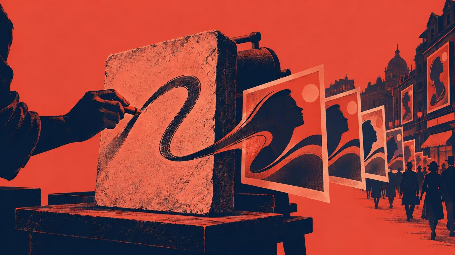 Duotone red and navy illustration of a hand drawing a sweeping mark on a large lithography stone beside a press, with framed portrait prints extending toward a city street filled with silhouetted pedestrians.