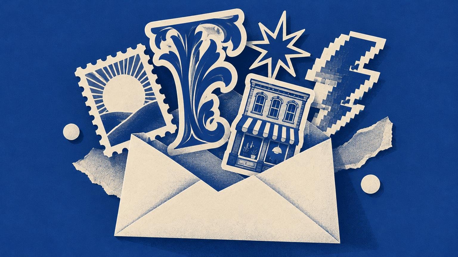 Blue-and-cream editorial illustration of an open envelope filled with stylized sticker-like cutouts: a sunlit stamp, ornate leaf, starburst, storefront, and pixelated pencil shape.