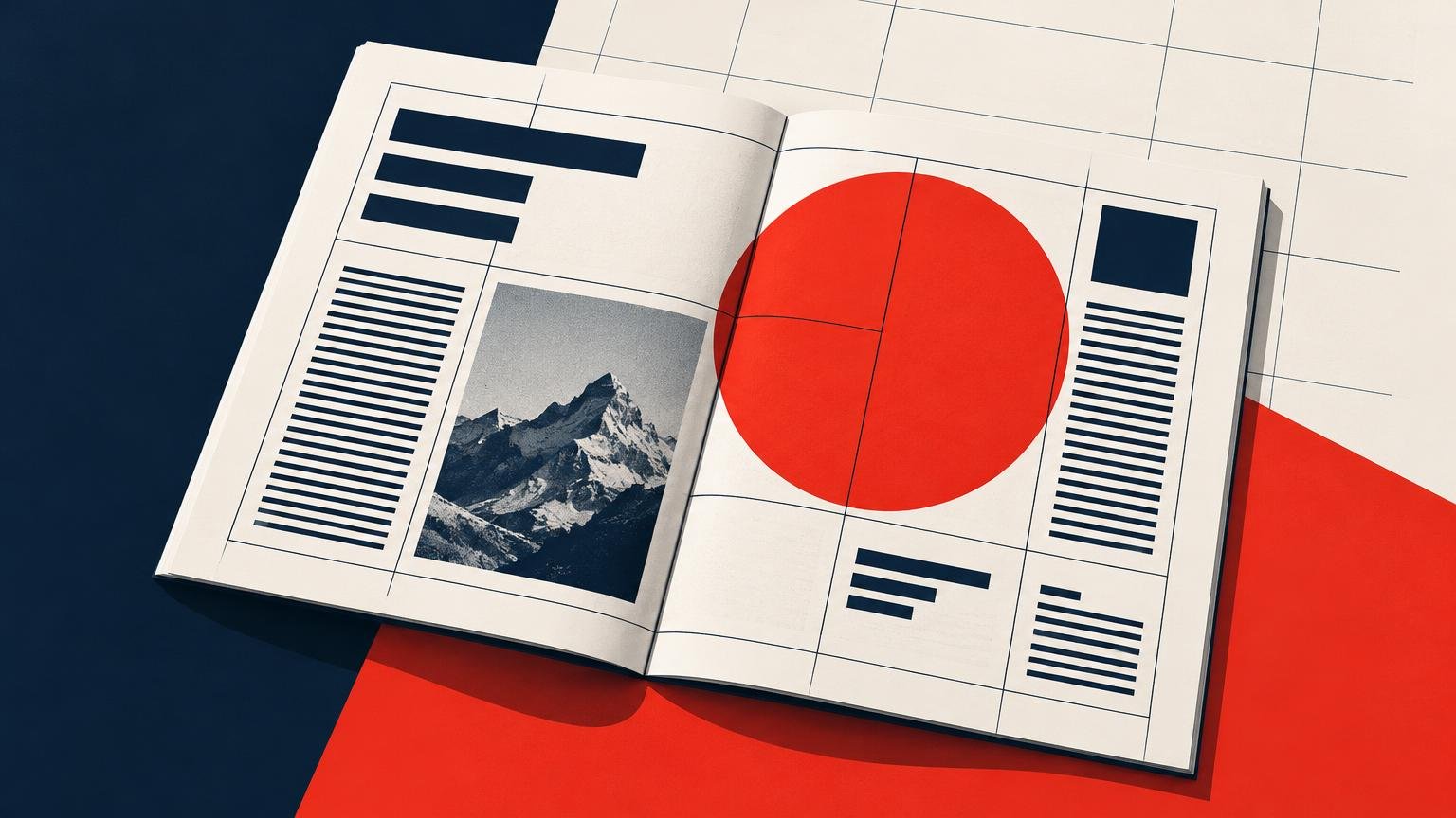 Open magazine spread arranged on a navy and red surface, featuring a black grid, dark placeholder text bars, a grayscale mountain photograph, and a large red circle.
