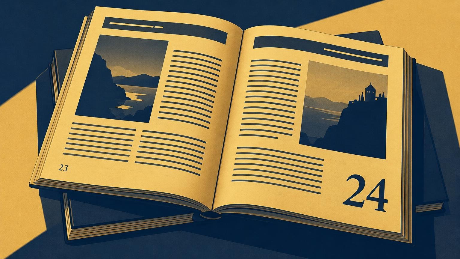 Duotone editorial illustration of an open book or magazine spread, with landscape images, dark placeholder text lines, and visible page numbers 23 and 24 at the bottom of the pages.