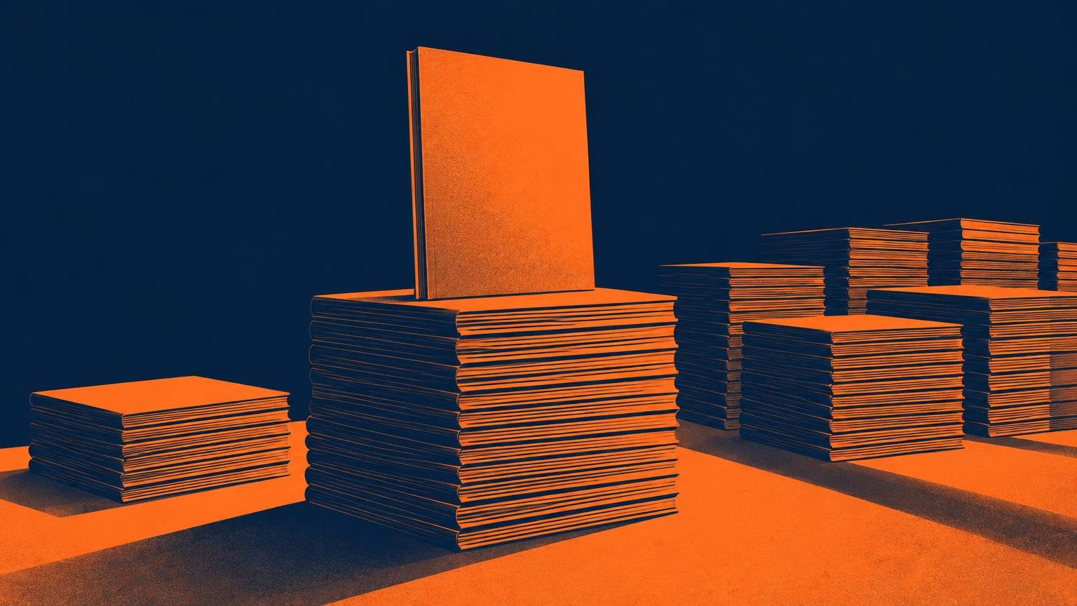 Duotone orange and navy illustration of stacks of printed booklets or books, with one upright blank volume standing on a central stack.