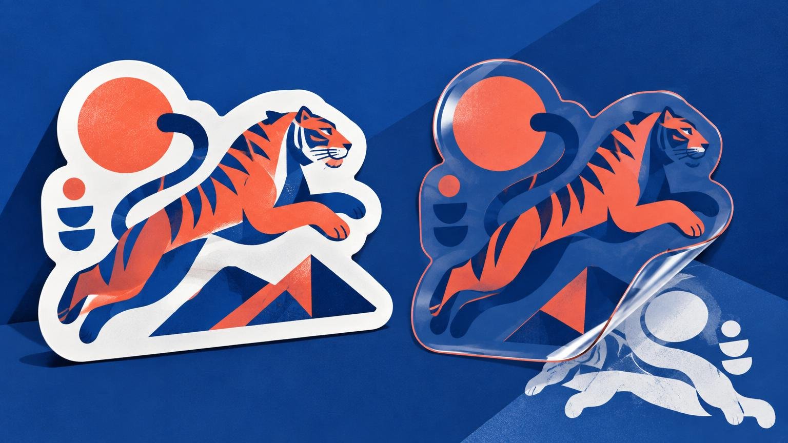 Duotone editorial illustration comparing a white-backed tiger sticker on the left with a translucent tiger sticker on the right against a layered navy-blue background.