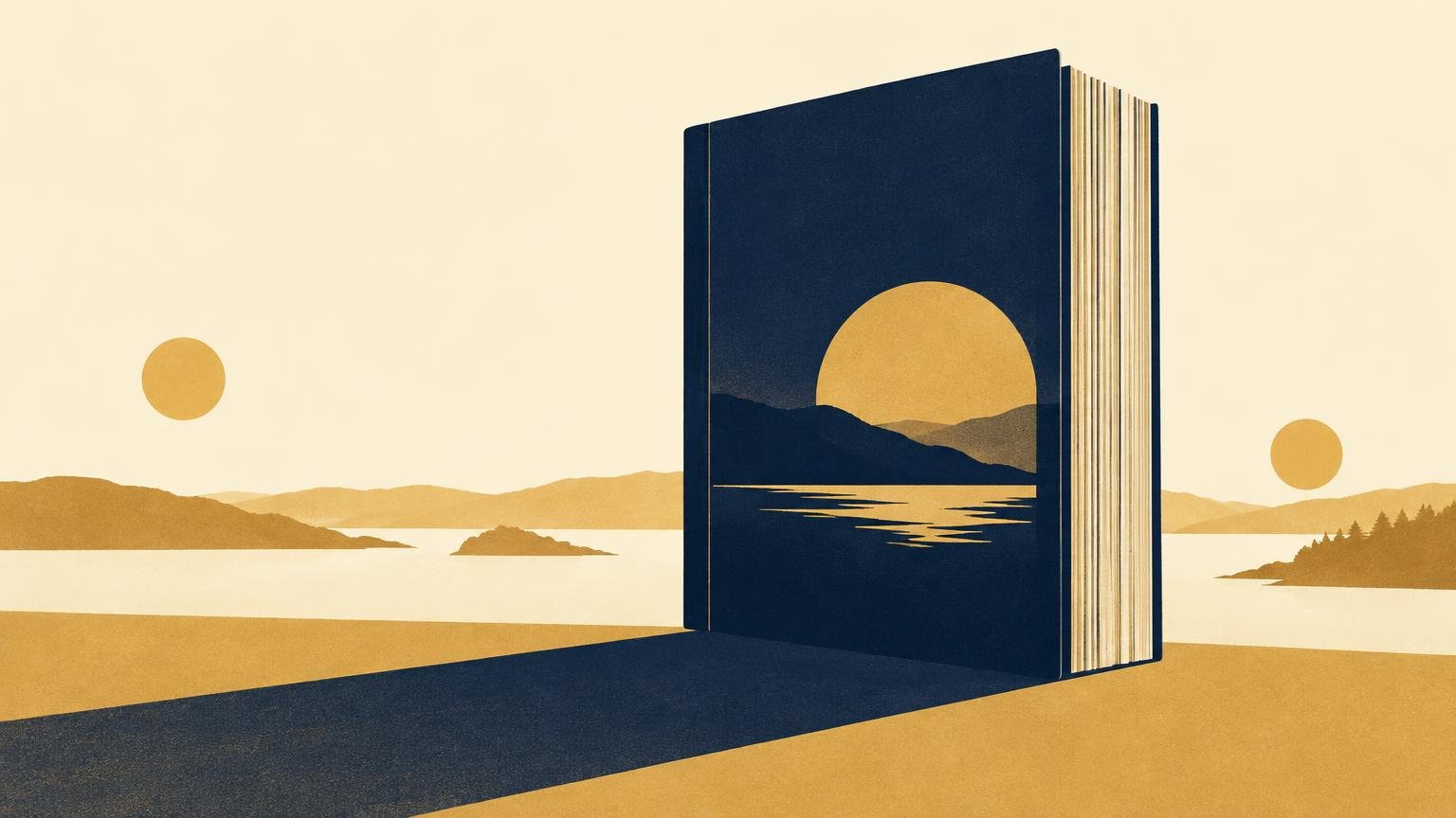Duotone editorial illustration of a large navy magazine standing upright in a golden landscape, its cover showing a sunlit lake and hills, with a long shadow in the foreground.